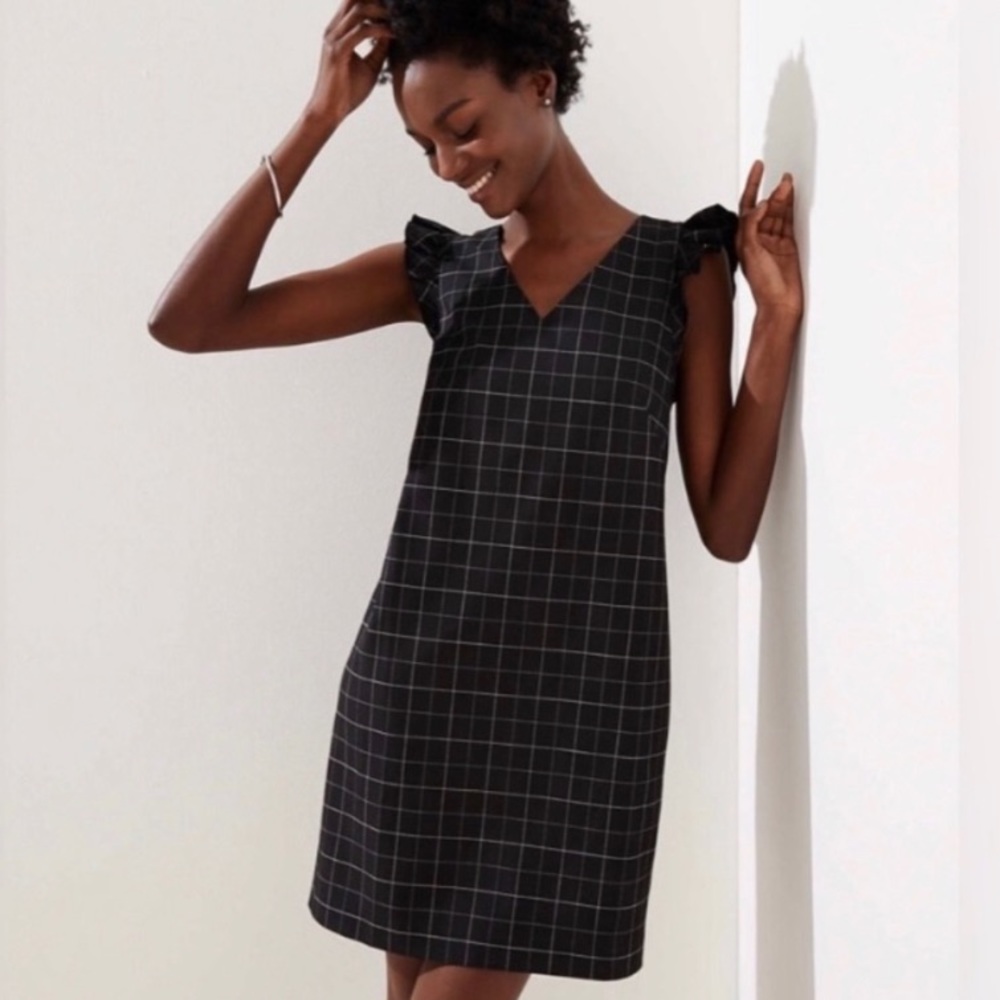 Loft Black Grid Print Windowpane Flutter Shift Dr… - image 1